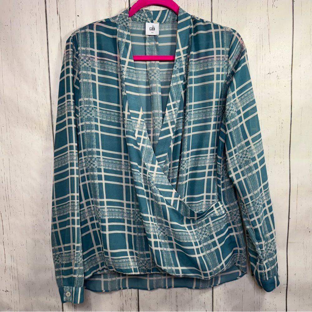 Cabi Womens Teal Plaid Draped Wrap Blouse M Office Chic Modern Minimal Business